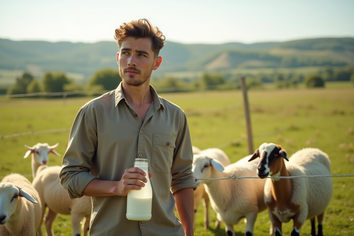 Jeune homme dans un pré avec des moutons et des chèvres au soleil