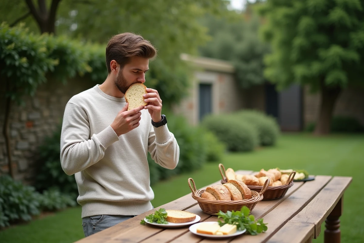 Jeune homme d&eacute;gustant du pain dans un jardin verdoyant
