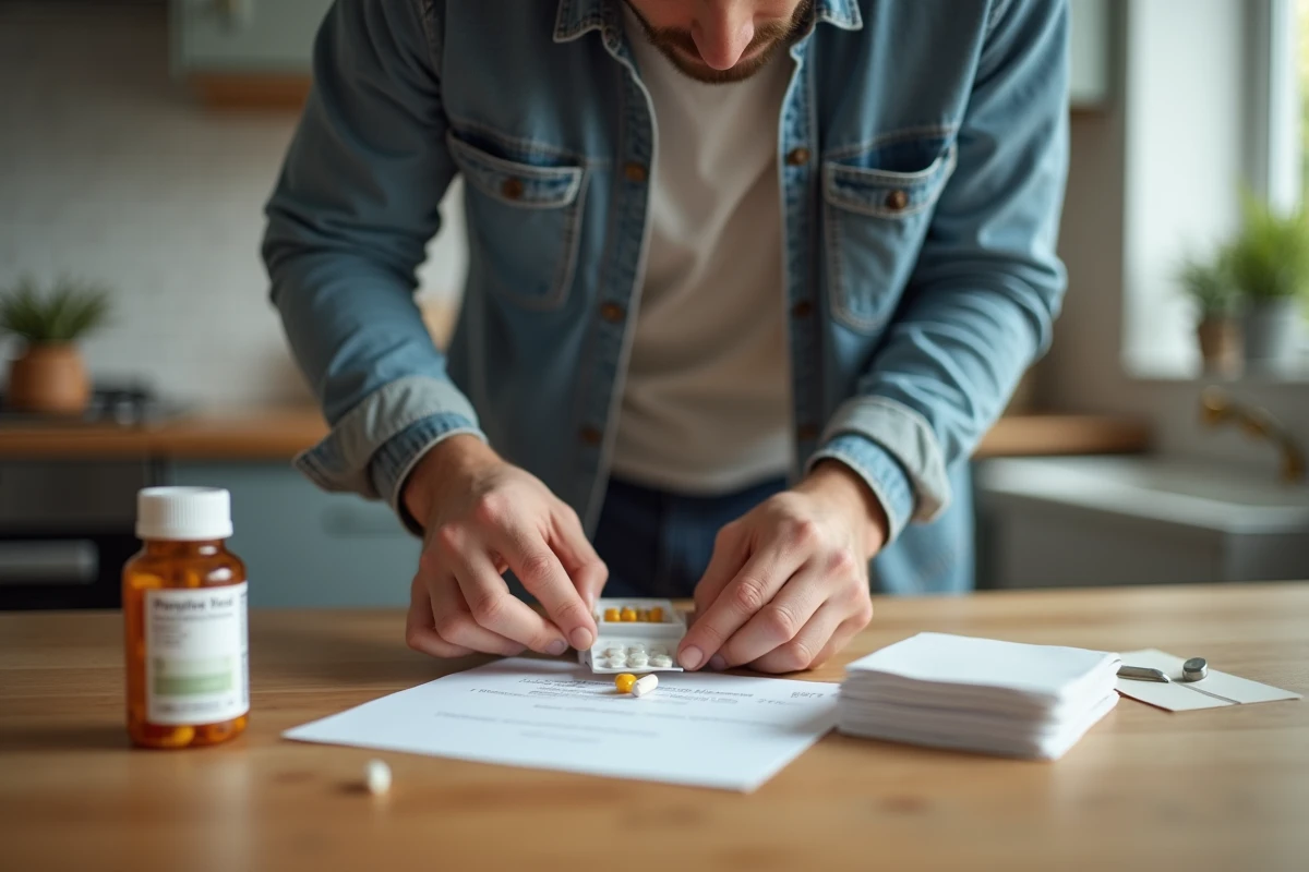 Jeune homme triant des m&eacute;dicaments dans sa cuisine &agrave; la maison