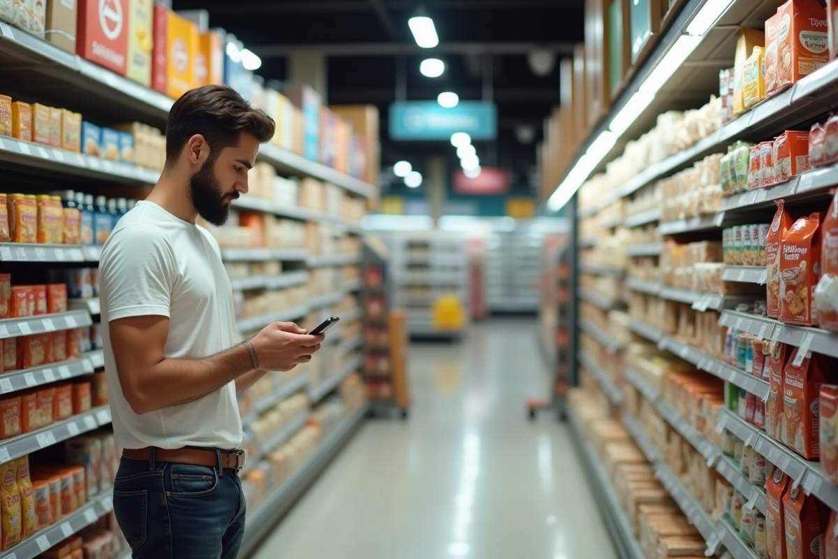 Jeune homme examine un paquet de starches en supermarche