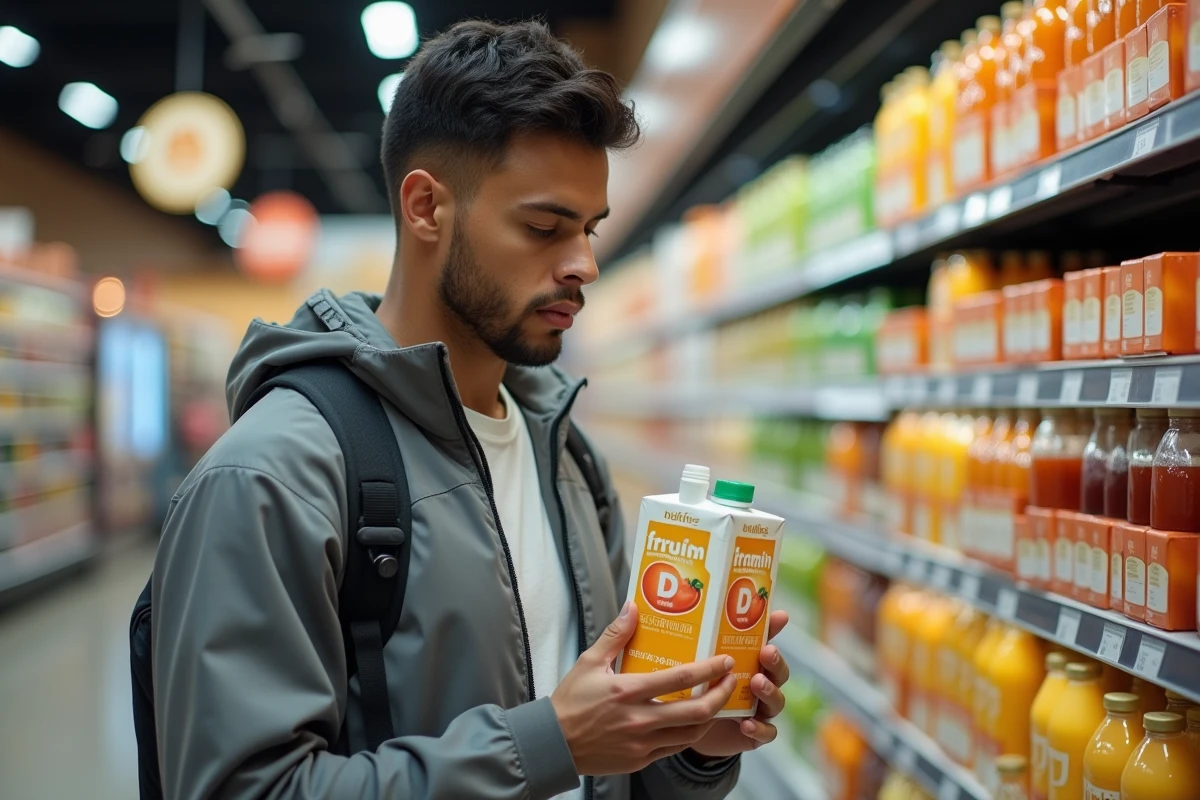 Jeune homme compare jus enrichi vitamine D dans un supermarché