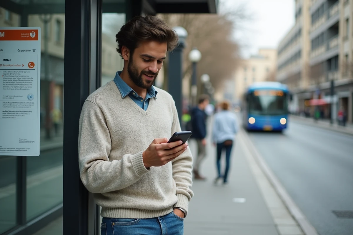 Jeune homme vérifiant CPAM 92 sur son smartphone en extérieur