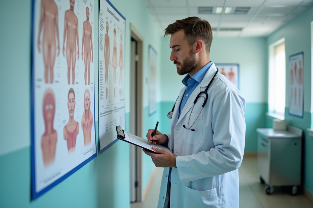 Jeune venereologue en examen dans un environnement hospitalier