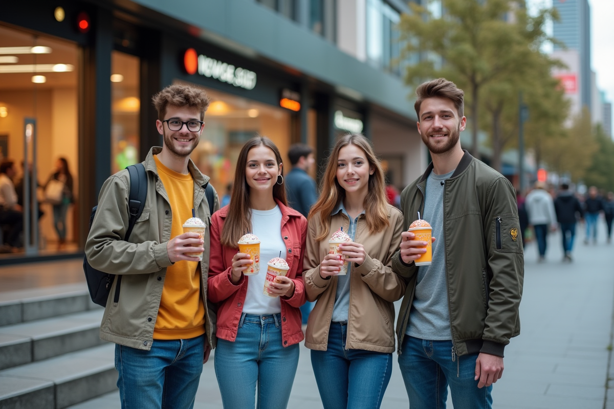 Jeunes avec snacks devant un centre commercial
