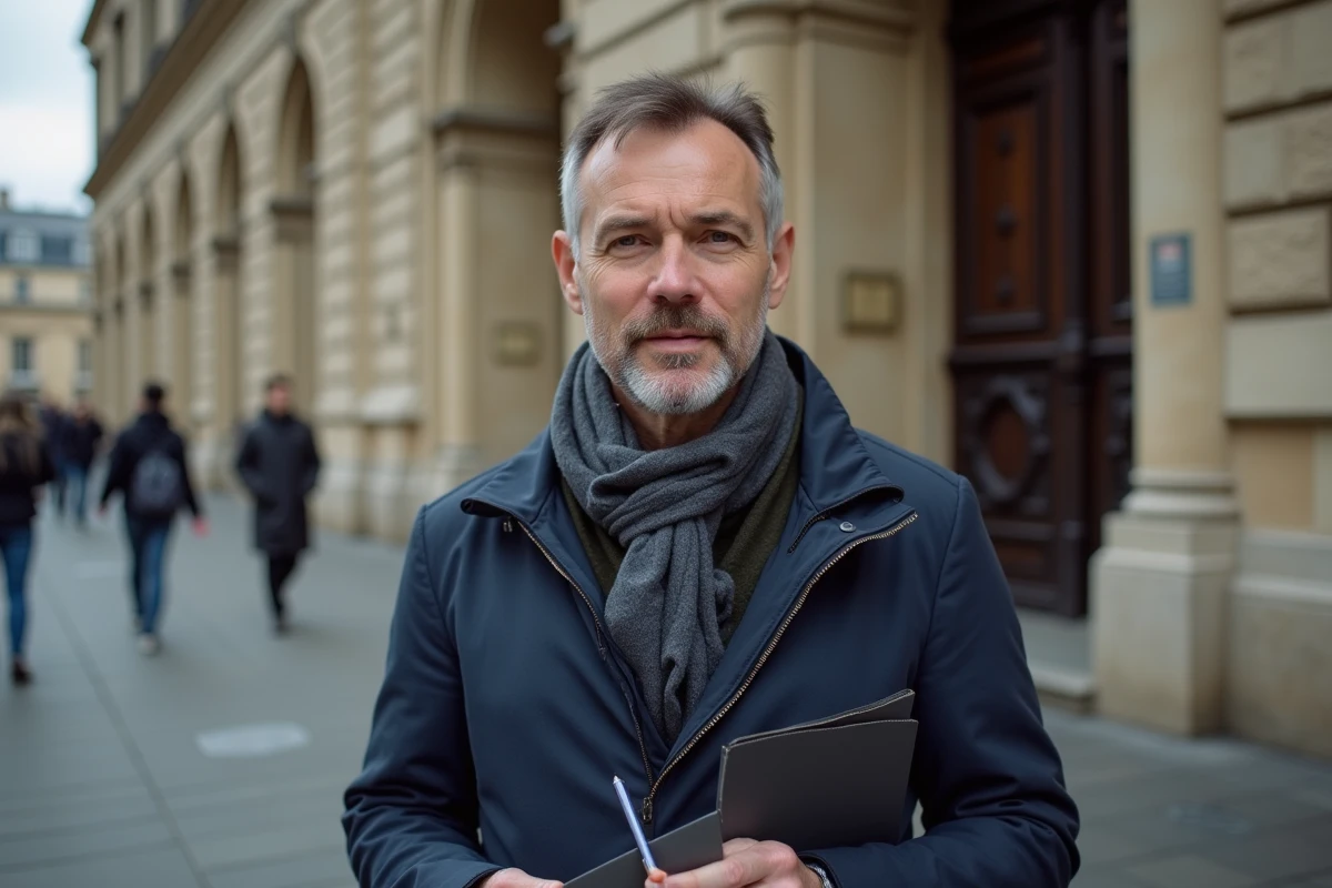 Journaliste avec carnet devant un bâtiment parisien historique