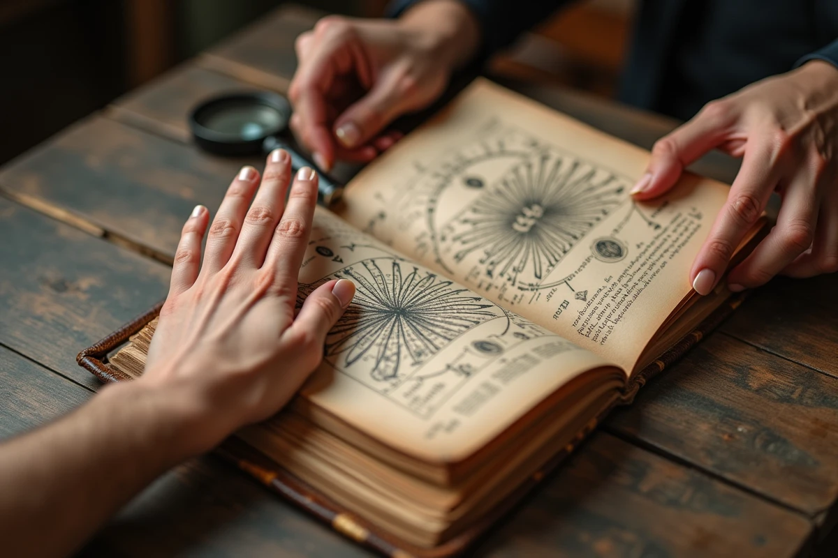 Mains adultes posées près d'un vieux livre de chiromancie ouvert sur des schémas de lignes de la main, incluant la ligne de vie, sur un bureau en bois antique