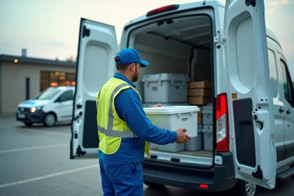 Livreur en uniforme bleu charge containers médicaux