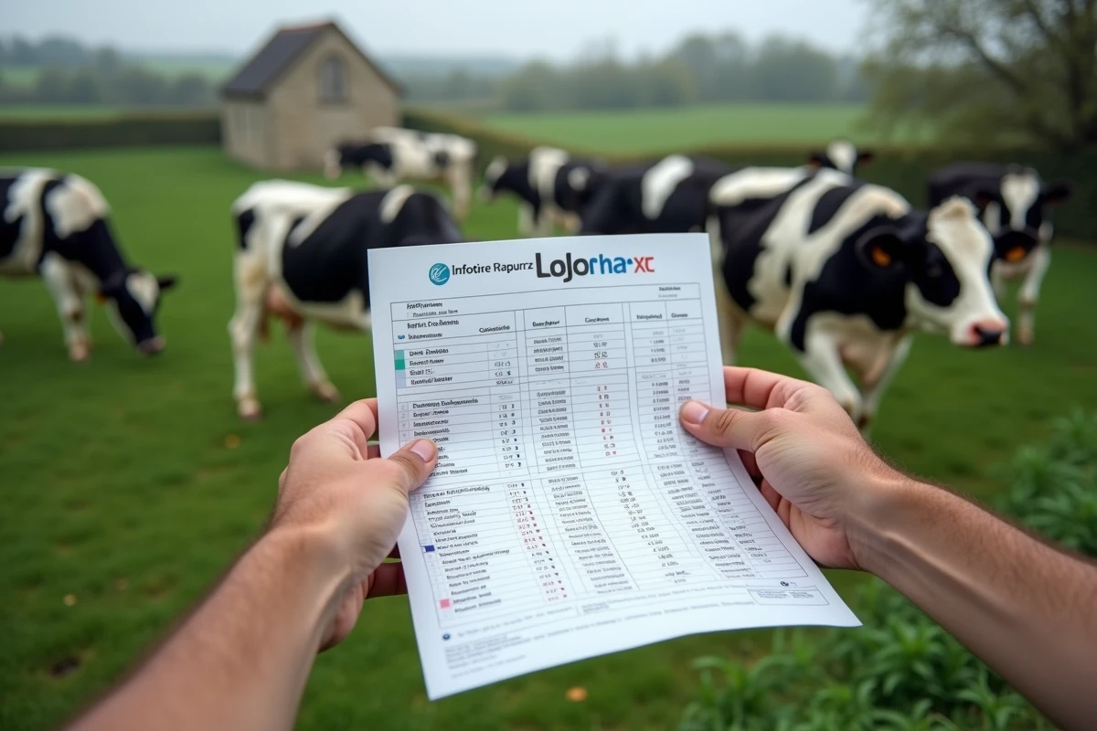 Mains d'éleveur tenant un rapport Infolabo détaillé avec comptage des cellules somatiques, devant un troupeau laitier en pâturage en arrière-plan flou