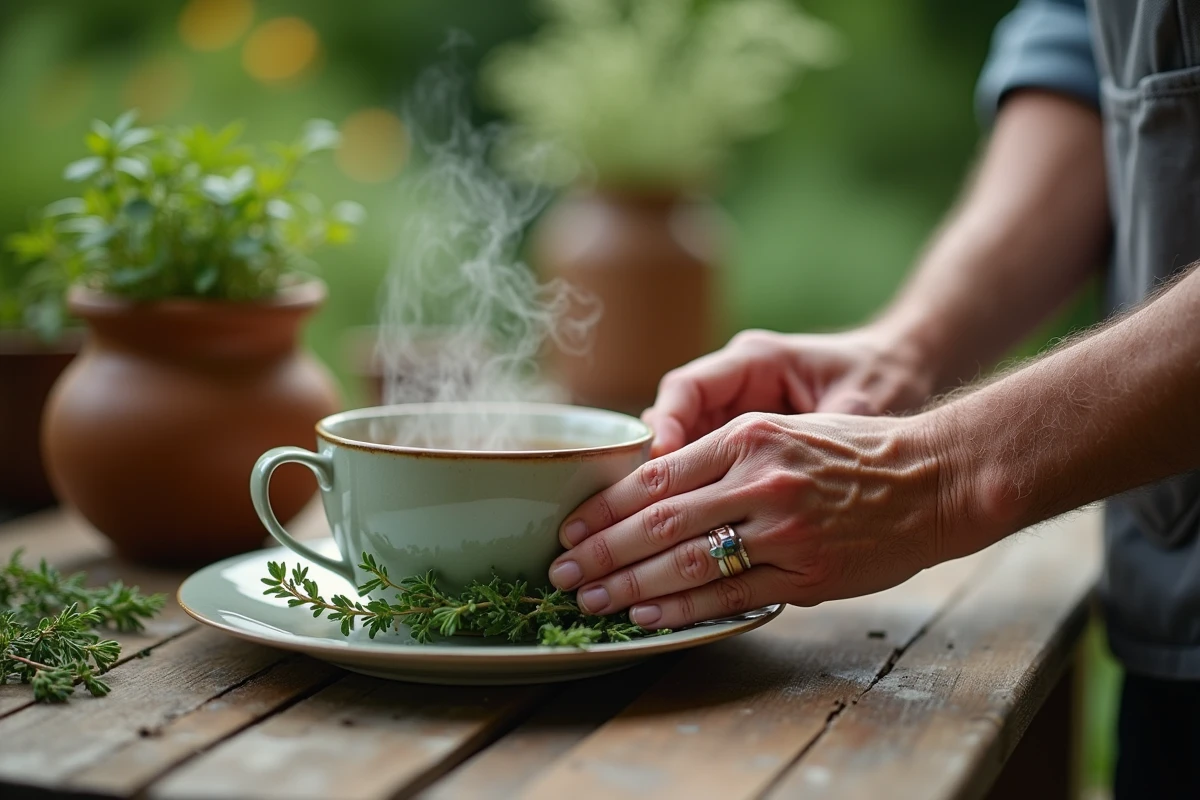 Mains d un homme disposant du thym sur une assiette