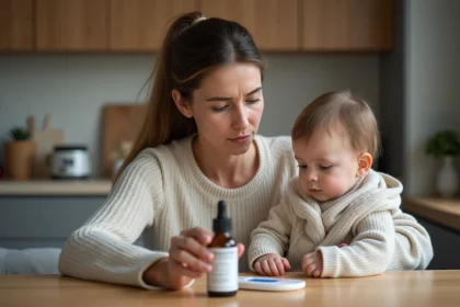 Maman examine une prescription de CELESTENE avec son enfant &agrave; la maison