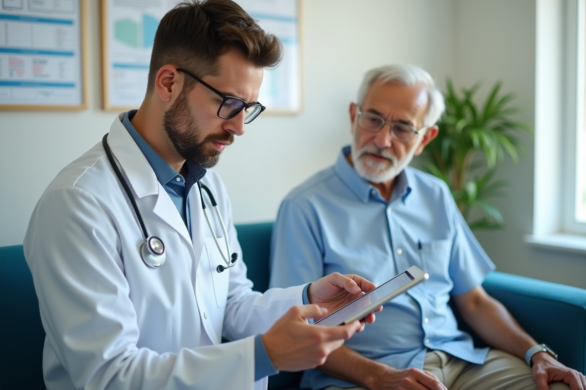 Jeune médecin discutant résultats avec un patient âgé en consultation