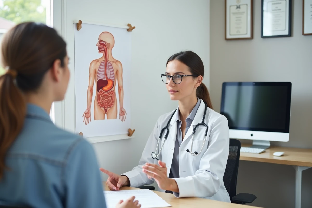 Médecin généraliste expliquant le lien entre reflux gastro-œsophagien et toux nocturne à un patient en consultation