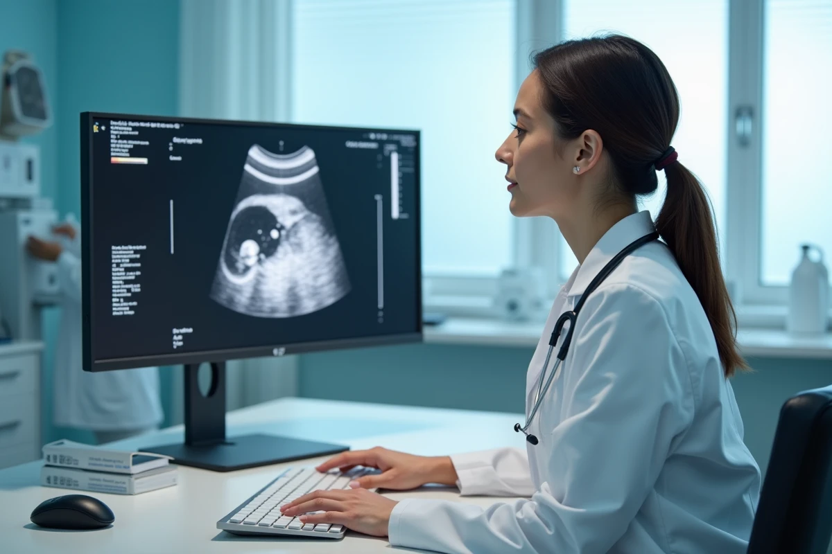 Médecin gynécologue analysant une échographie révélant un kyste ovarien sur écran médical