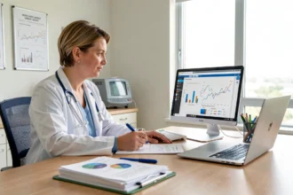 Médecin examinant des graphiques de santé publique dans un bureau d'hôpital