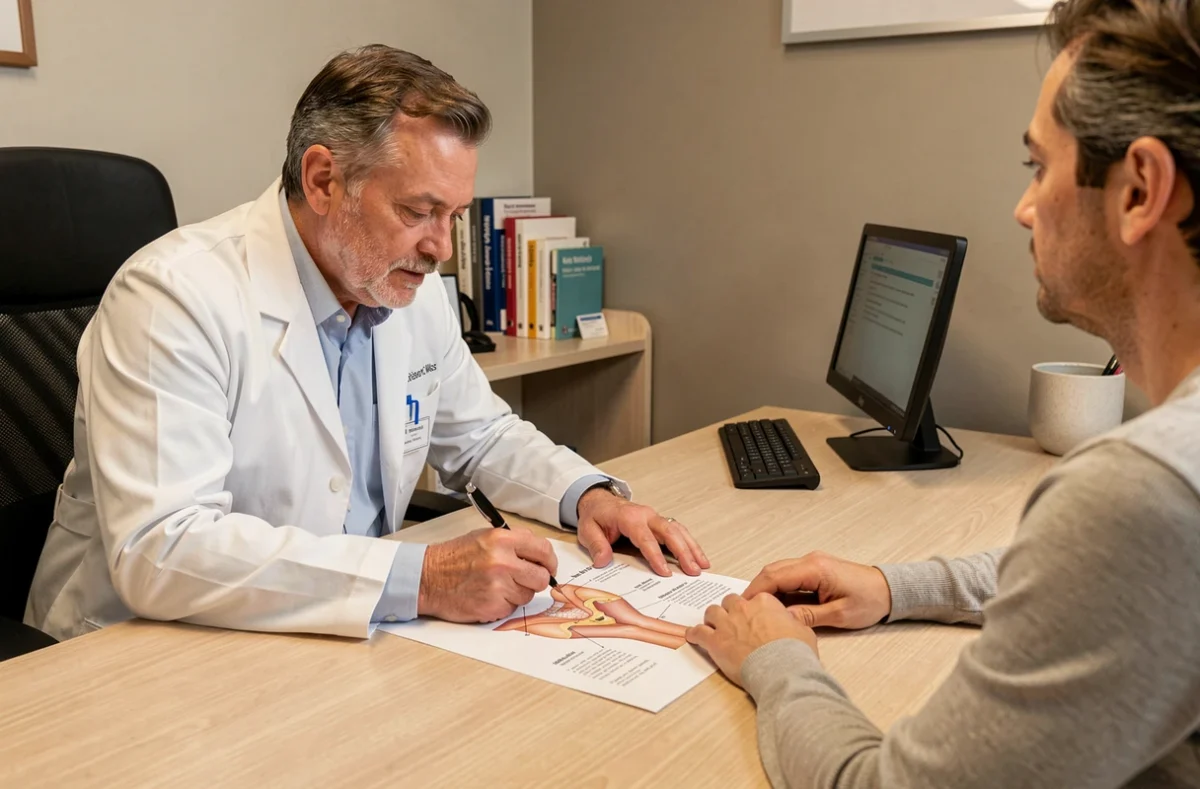 Médecin généraliste expliquant la différence entre une douleur à l'aine et une hernie inguinale à son patient lors d'une consultation