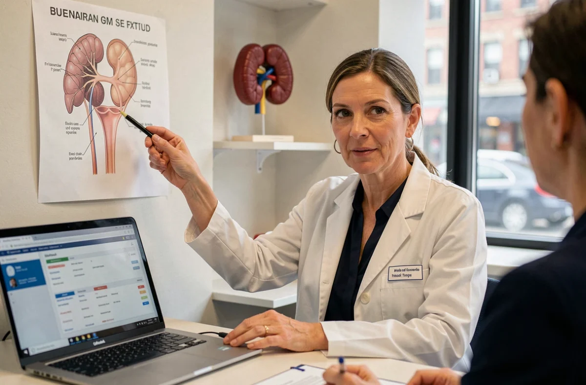 Médecin femme expliquant le système urinaire et les causes du sang dans les urines à sa patiente