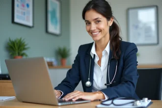 Médecin femme au bureau avec ordinateur et stethoscope
