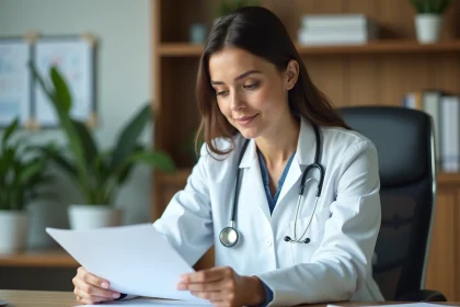 Medecin femme en blouse blanche dans un cabinet moderne