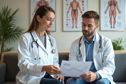 Medecin femme expliquant un diagramme de therapie cellulaire