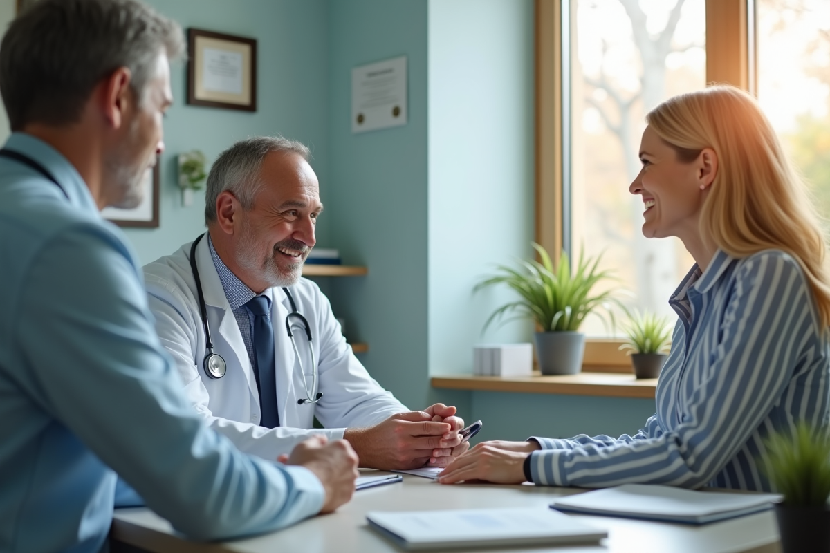 Médecin général discutant avec un patient dans un cabinet lumineux