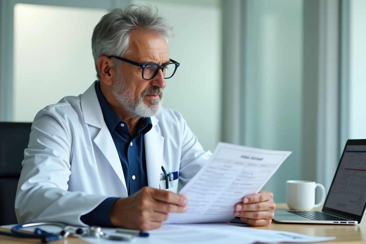 Médecin consultant les résultats d'une prise de sang incluant le taux de LDH dans un cabinet médical