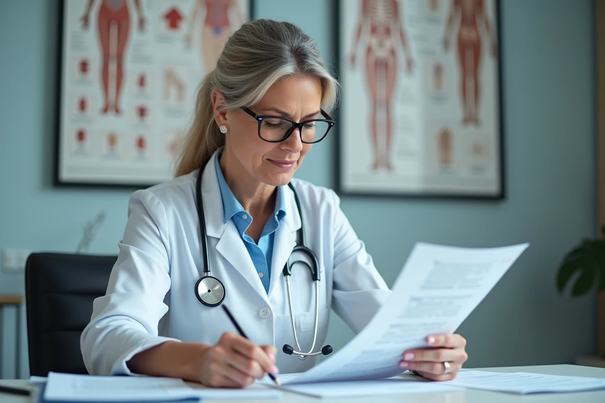 Médecin analysant les résultats d'un bilan rénal avec valeurs de créatinine et DFG sur ordonnance