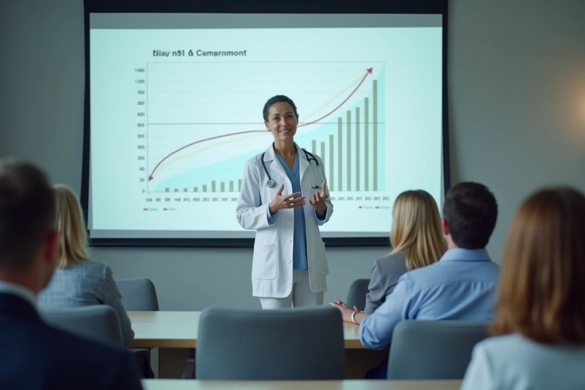 Médecin endocrinologue présentant un graphique de croissance lors d'un séminaire médical sur la taille et le nanisme