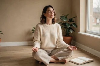 Femme en méditation silencieuse dans un salon minimaliste, pratiquant la paix intérieure et la bienveillance envers soi