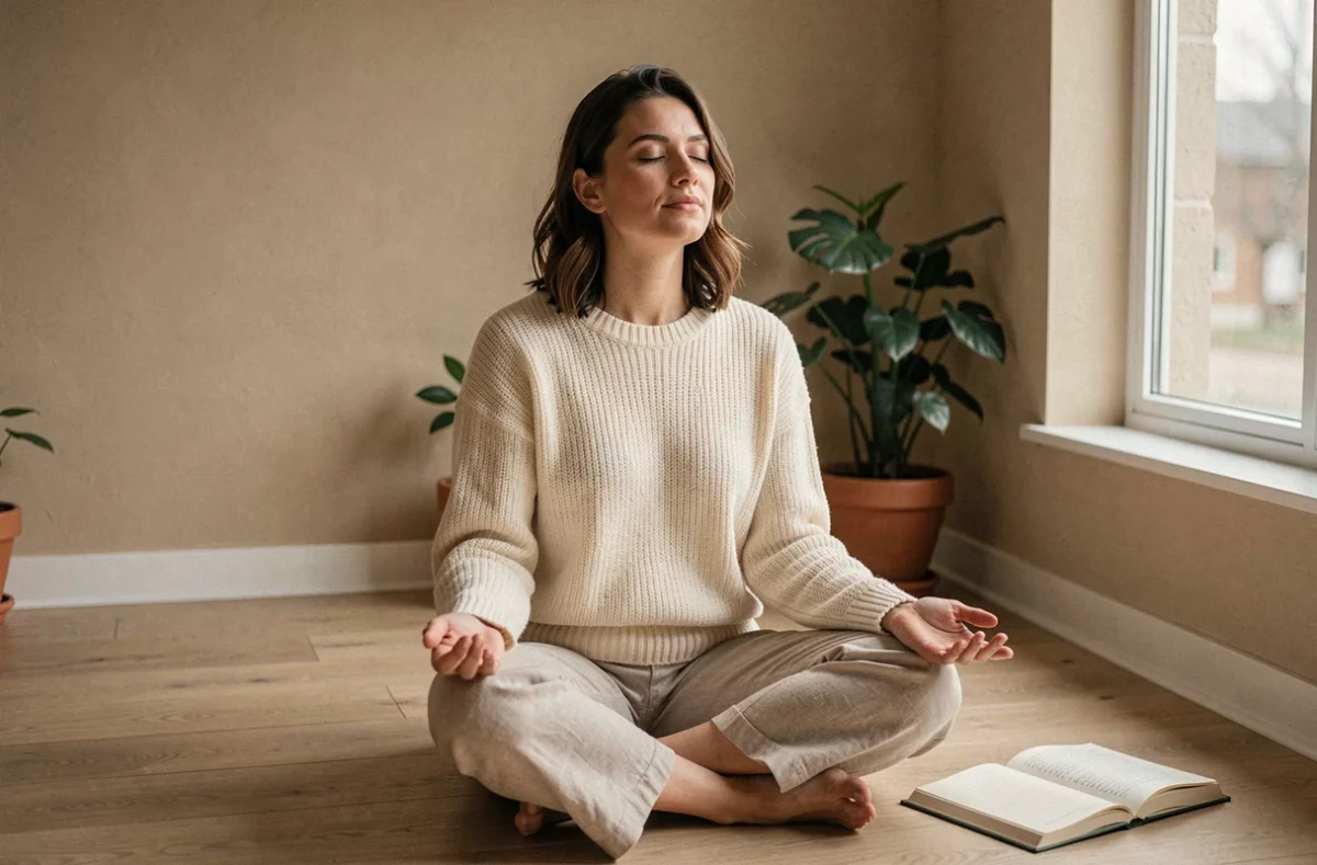 Femme en méditation silencieuse dans un salon minimaliste, pratiquant la paix intérieure et la bienveillance envers soi