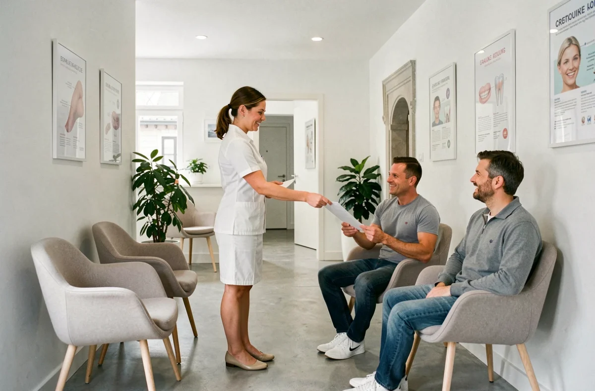 Salle d'attente moderne d'un cabinet dentaire dans le Bas-Rhin avec réceptionniste et patient