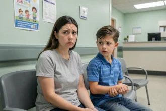 Mère inquiète accompagnant son enfant aux urgences pédiatriques après une morsure de mygale