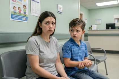 Mère inquiète accompagnant son enfant aux urgences pédiatriques après une morsure de mygale