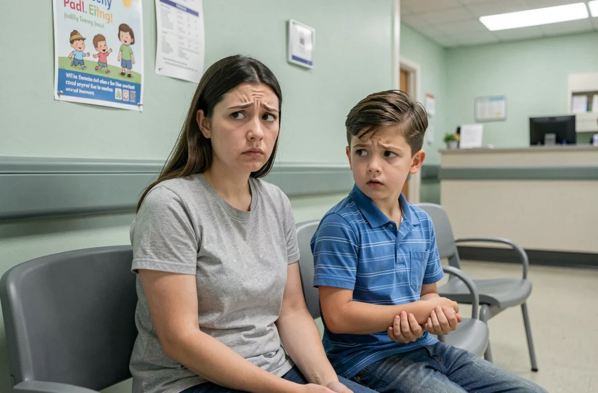 Mère inquiète accompagnant son enfant aux urgences pédiatriques après une morsure de mygale