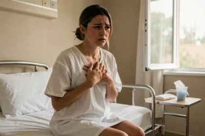 Jeune femme en maternité tenant sa poitrine douloureuse lors de la montée de lait sans allaitement