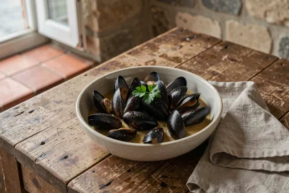 Bol de moules fraîches vapeur sur une table en bois rustique dans une cuisine côtière française, riches en nutriments bénéfiques pour le cerveau et la mémoire