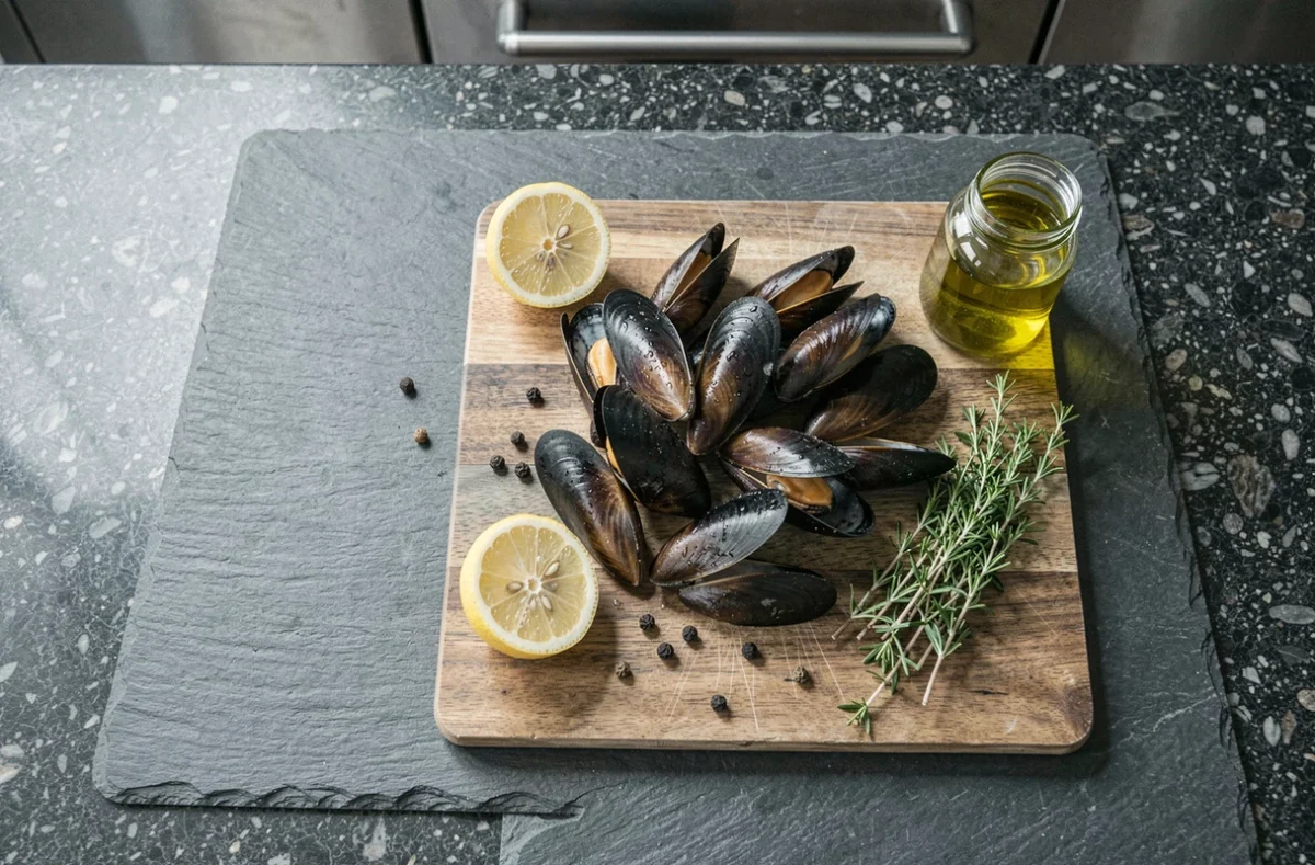 Vue aérienne de moules fraîches avec citron, huile d'olive et herbes aromatiques sur une planche en bois, ingrédients riches en nutriments essentiels pour la mémoire