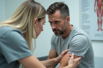 Homme appuyant ses doigts sur son avant-bras pour sentir un muscle qui tressaute lors d'une consultation médicale