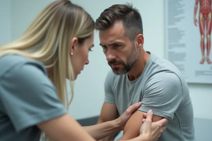 Homme appuyant ses doigts sur son avant-bras pour sentir un muscle qui tressaute lors d'une consultation médicale