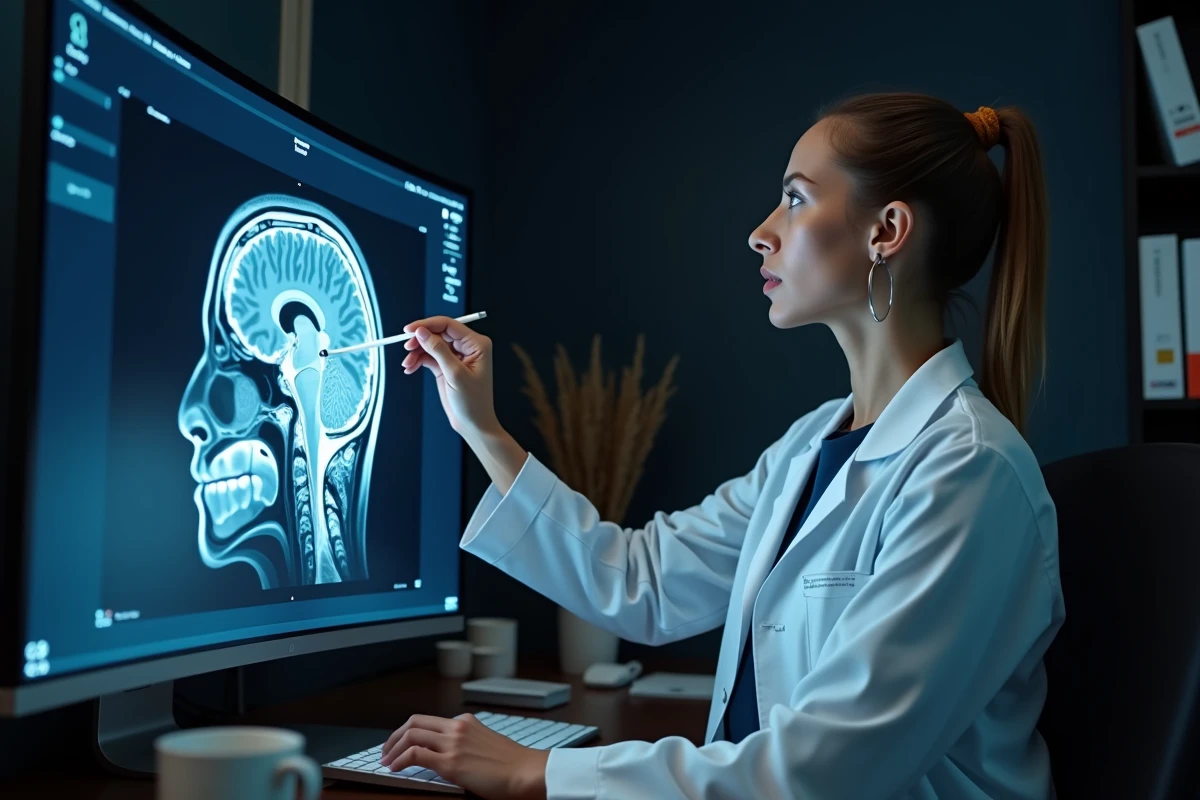 Neurologue analysant une IRM cérébrale sur écran pour évaluer les effets secondaires liés à l'examen en 2026