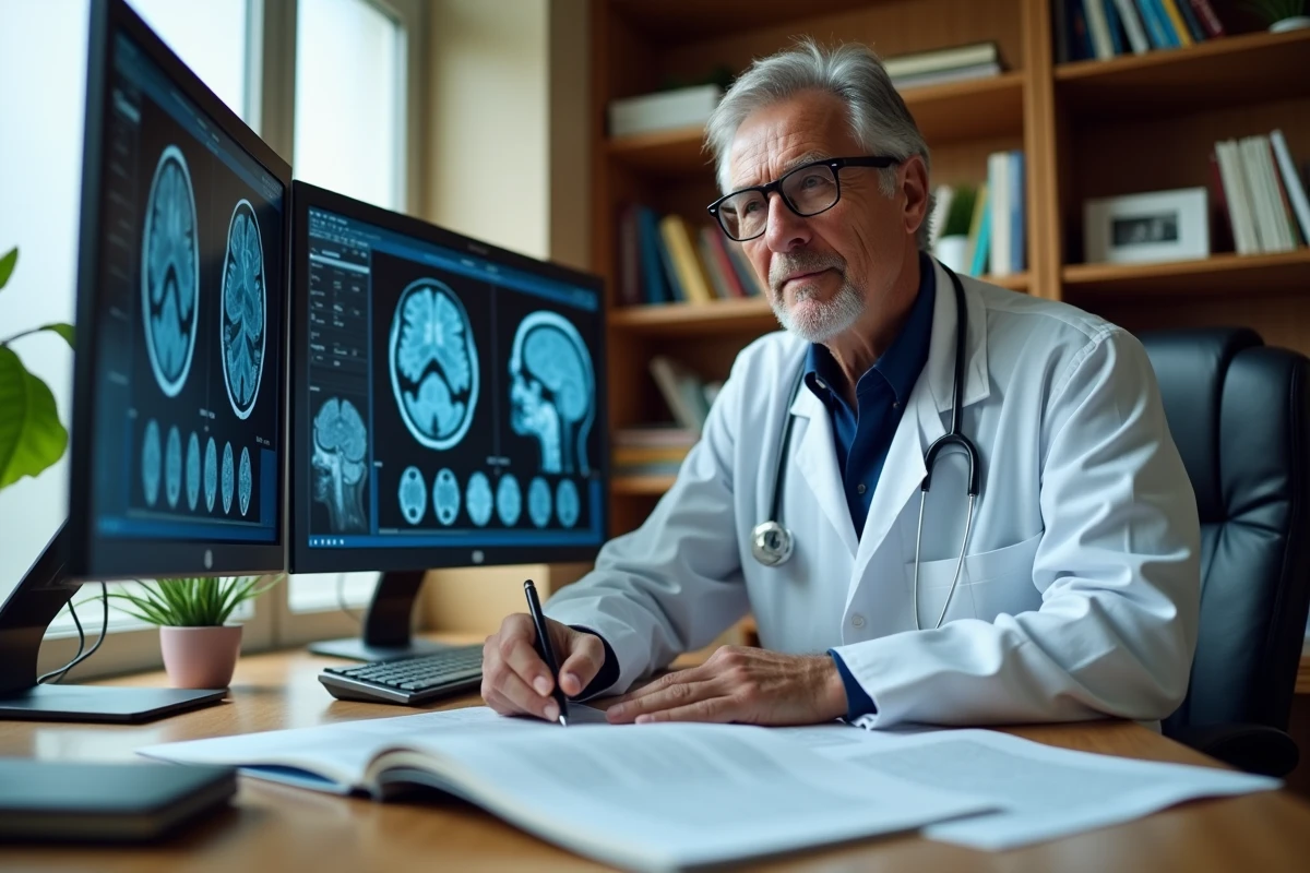 Neurologue analysant des images IRM cérébrales montrant des hypersignaux associés au stress chronique dans son bureau médical