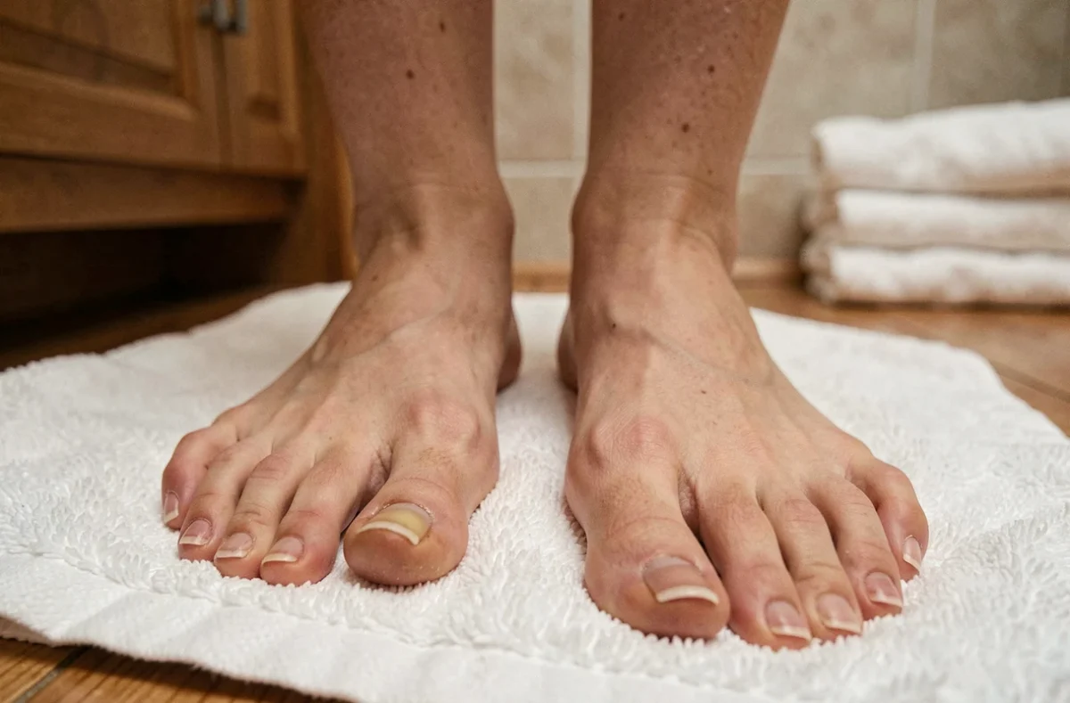 Pieds d'une femme posés sur une serviette blanche, montrant un ongle d'orteil épaissi et opaque lié à une atteinte de la matrice en phase de repousse