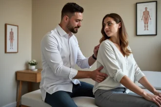 Ostéopathe réalisant un bilan postural sur une patiente dans un cabinet moderne et épuré