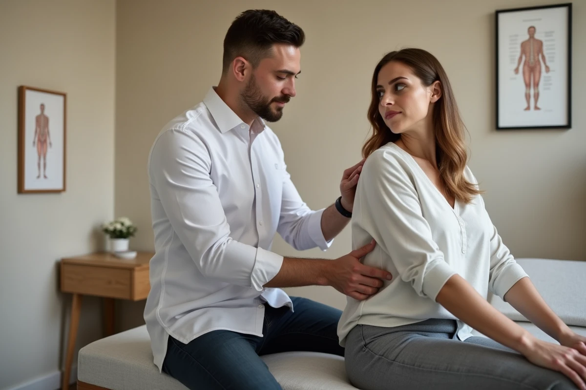 Ostéopathe réalisant un bilan postural sur une patiente dans un cabinet moderne et épuré