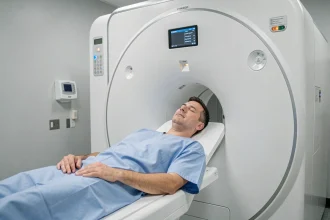 Patient allongé dans un scanner CT en salle de radiologie pour un examen des sinus, illustration des risques et effets secondaires du scanner sinus