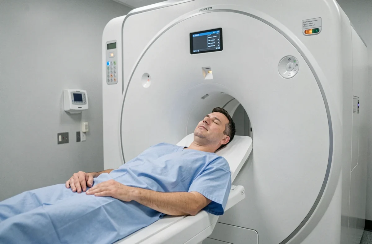 Patient allongé dans un scanner CT en salle de radiologie pour un examen des sinus, illustration des risques et effets secondaires du scanner sinus