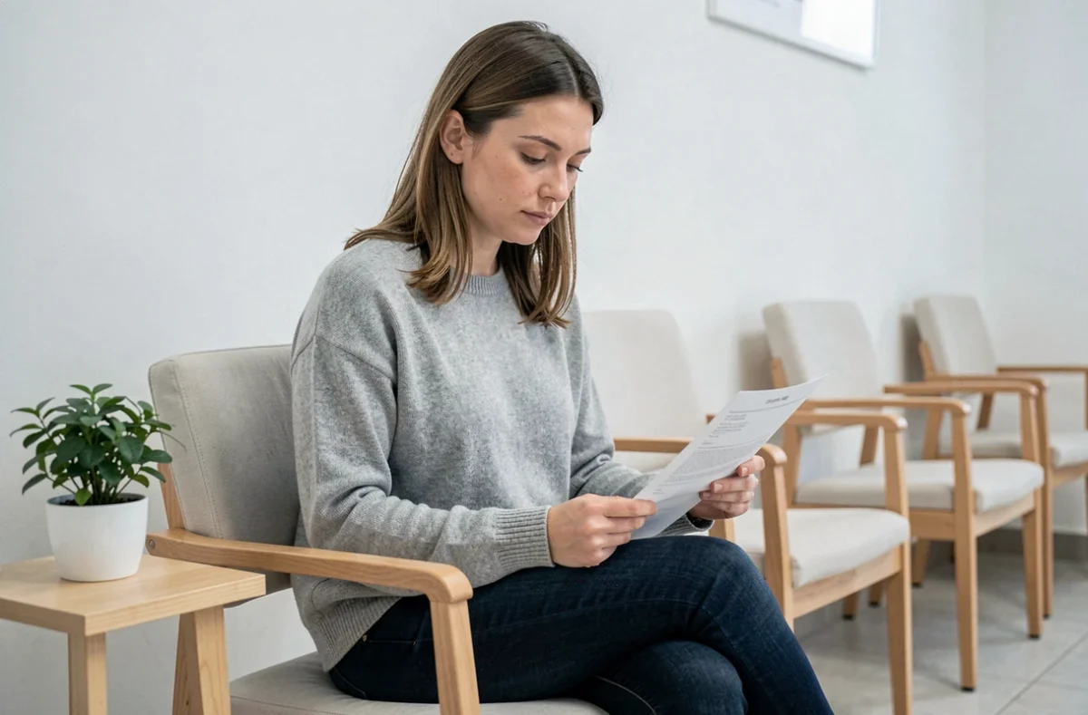 Femme patiente lisant des documents médicaux dans la salle d'attente d'une clinique de fertilité