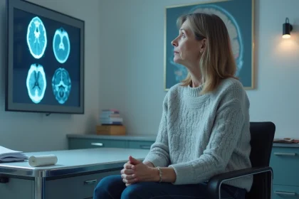 Patiente en consultation de neurologie observant une IRM cérébrale révélant des hypersignaux liés au stress chronique