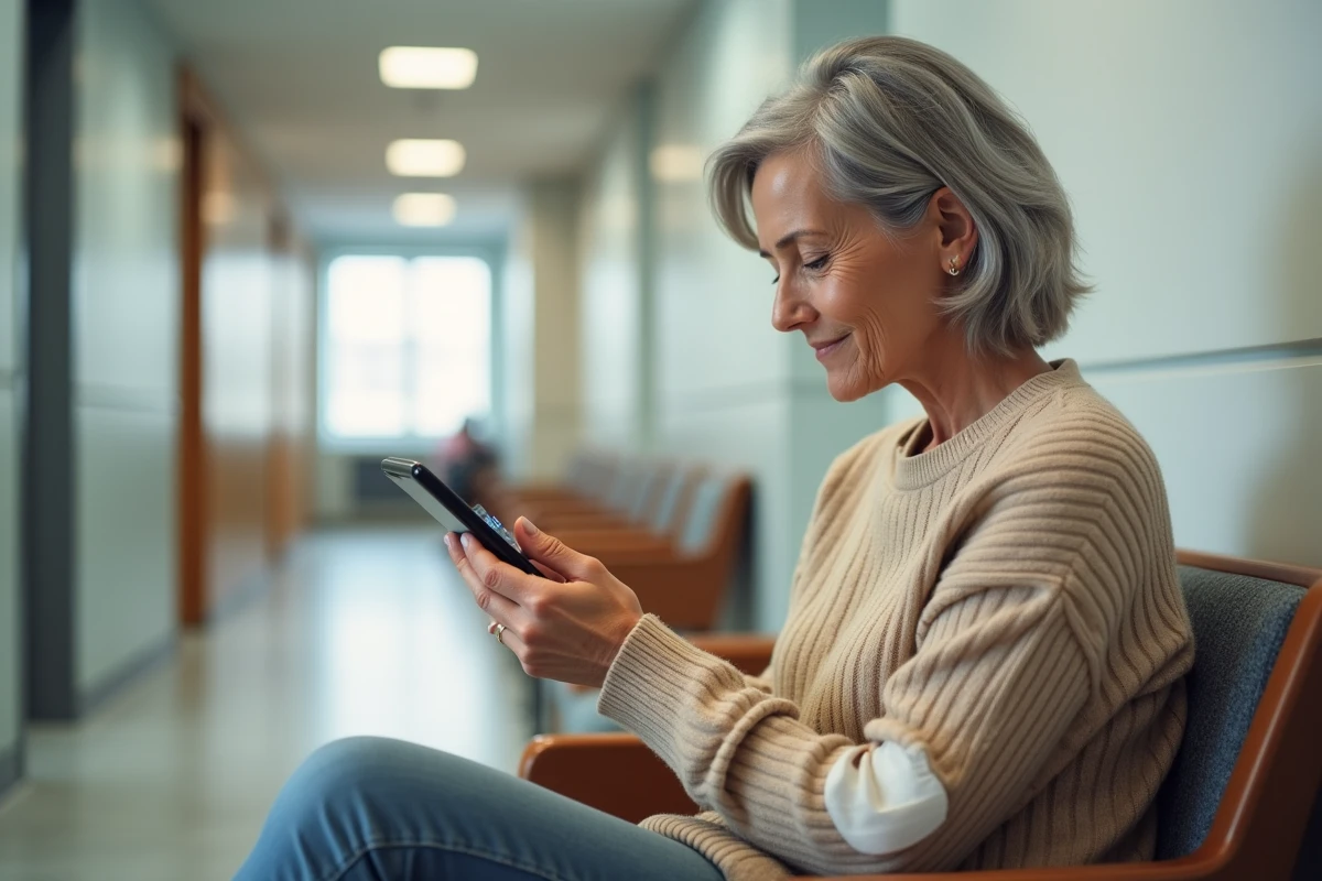 Patiente consultant ses résultats d'analyse de sang rénale sur smartphone après une prise de sang en clinique