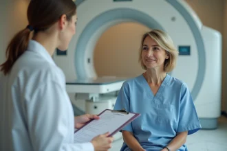 Patiente en blouse d'hôpital discutant des effets secondaires après une IRM avec une radiologue dans un service médical moderne