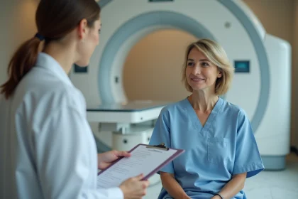 Patiente en blouse d'hôpital discutant des effets secondaires après une IRM avec une radiologue dans un service médical moderne